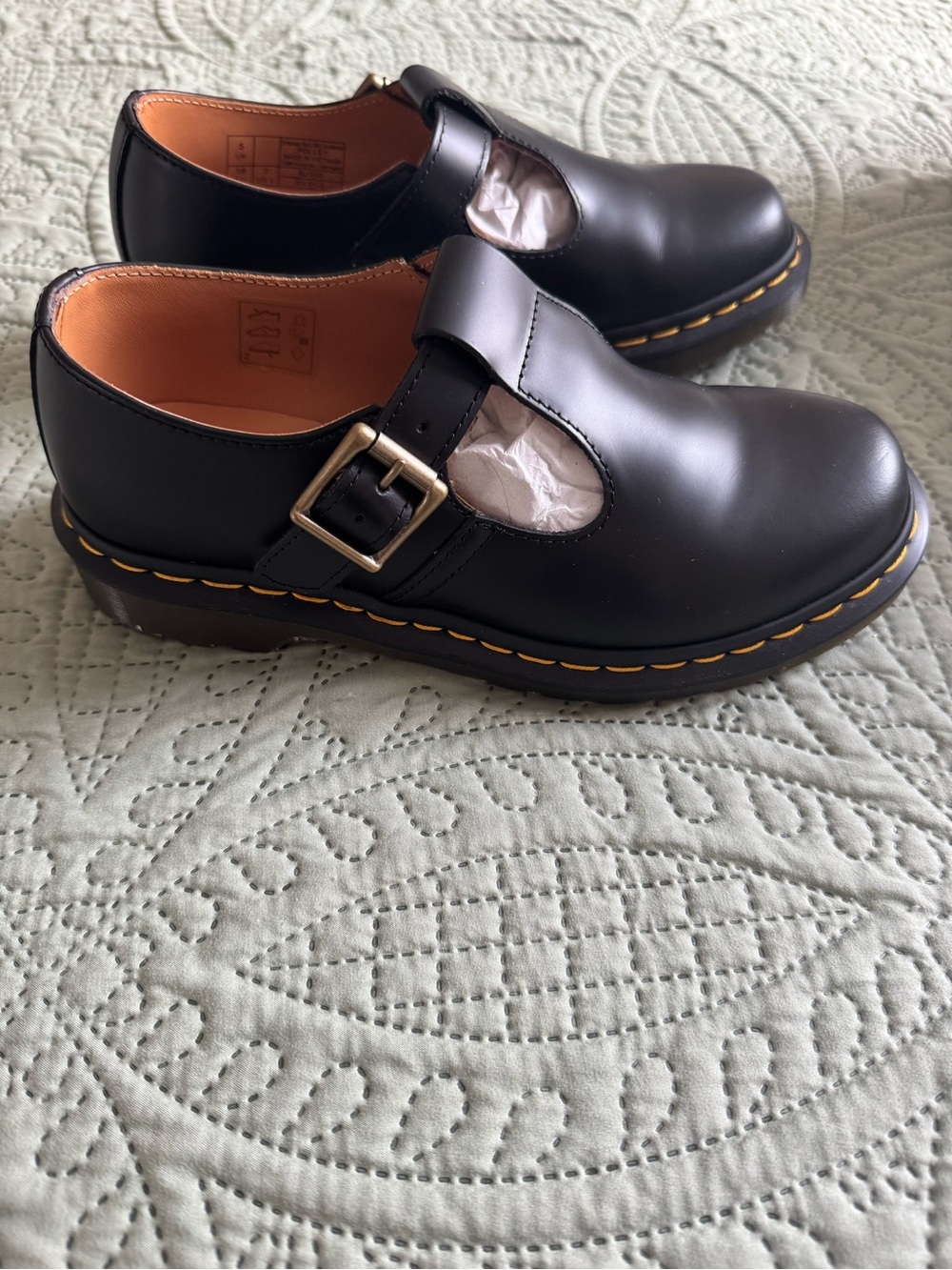 Dr. Martens Black Leather Mary Jane Shoes with Yellow Stitching